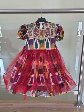 Multicolor Puff Sleeve Party Dress with Red Tulle Overlay
